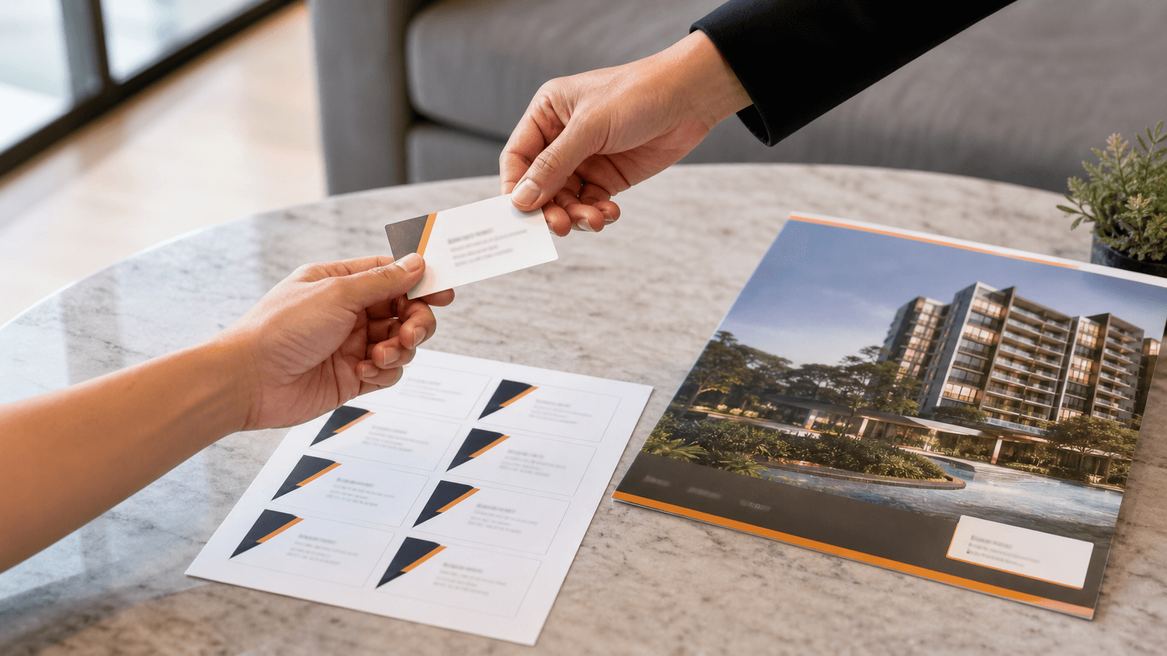 Property agent handing over a business card beside contact stickers and a developer flyer