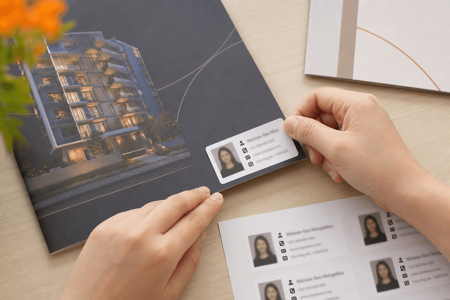 Property agent applying a printed contact sticker to a developer-supplied property brochure