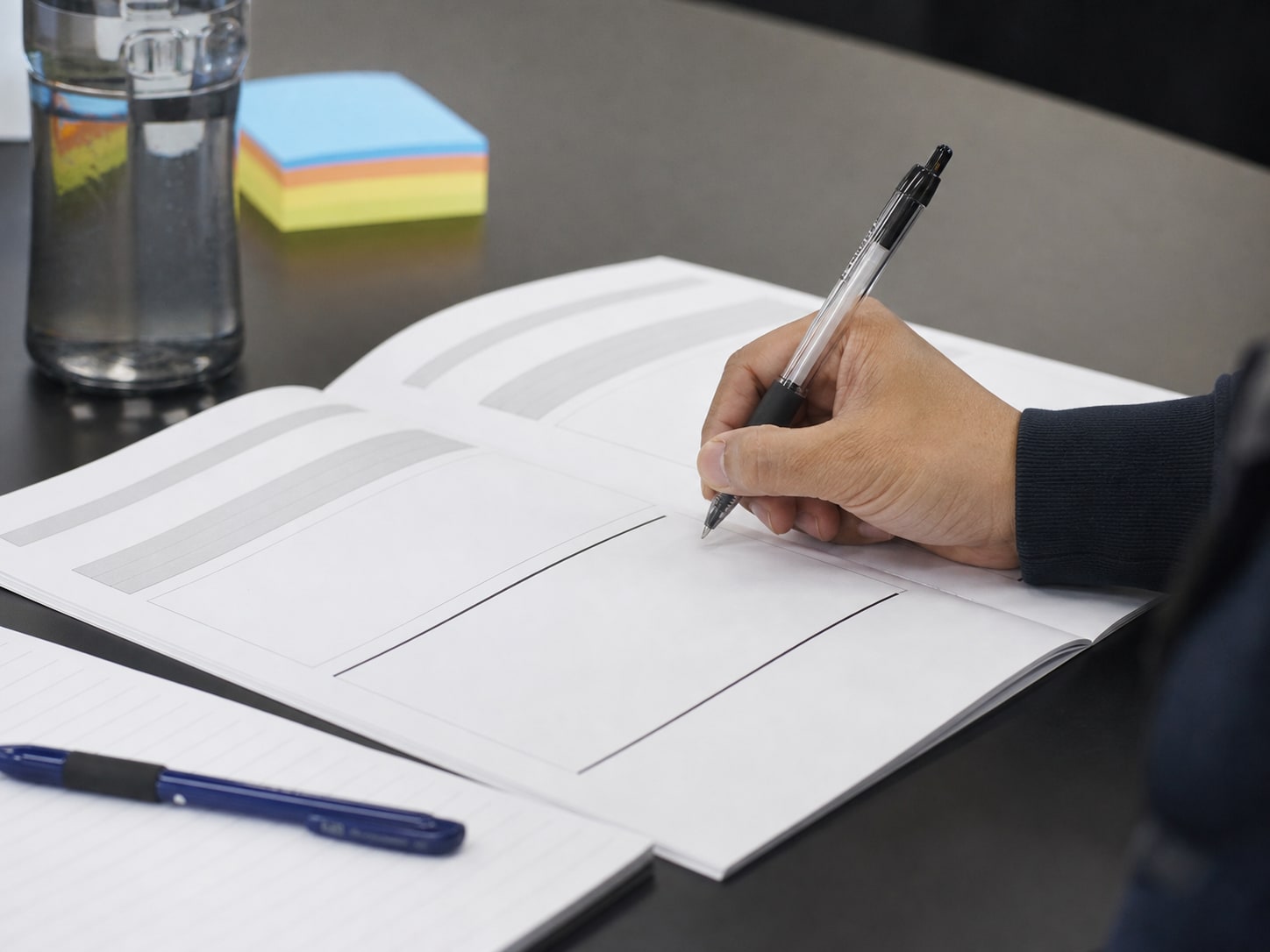 Participant writing in an open bound workbook during a Singapore training session