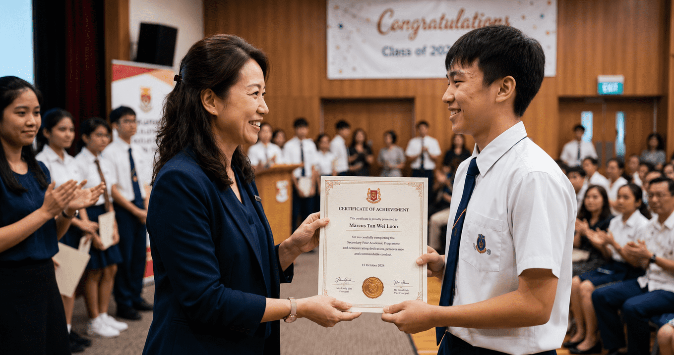 Professional certificate printing in Singapore for schools and training providers showing a formal award presentation ceremony with a student receiving a high-quality printed achievement certificate in front of teachers and classmates.