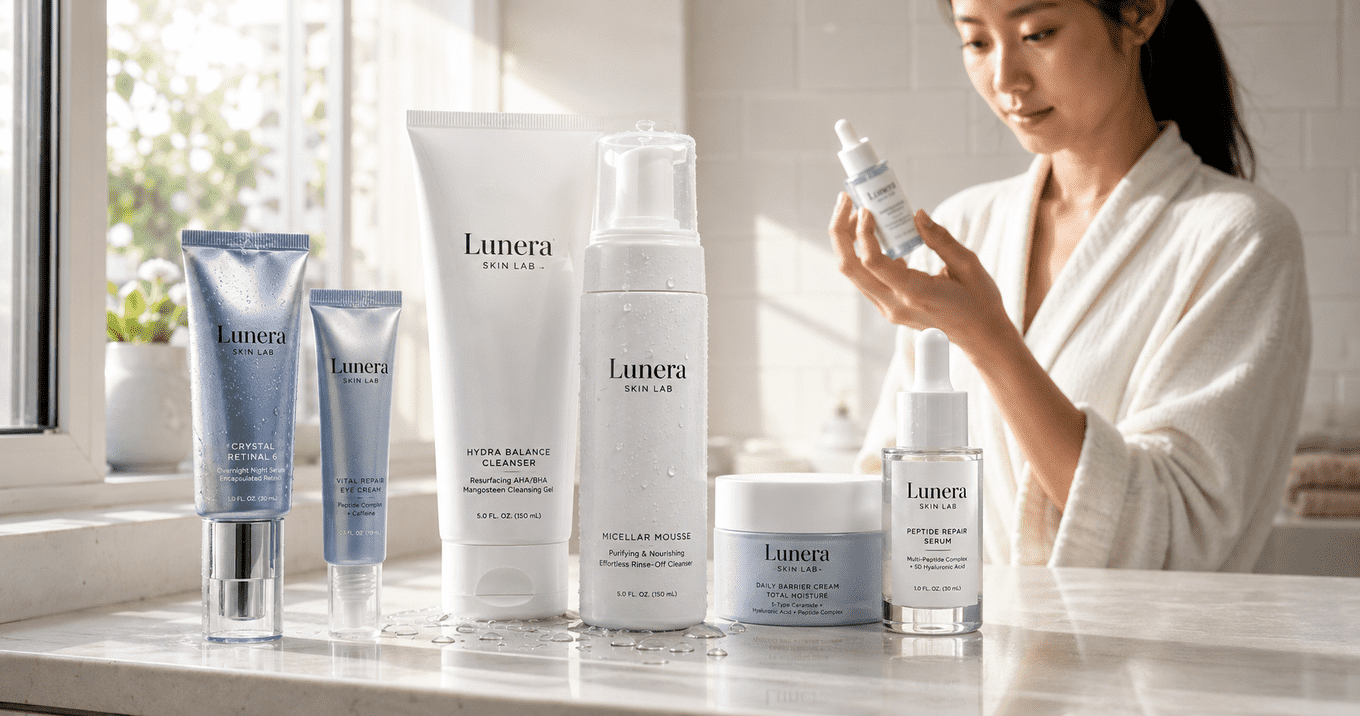Skincare products with waterproof and oil-resistant label stickers displayed on a bathroom counter, highlighting durable cosmetic packaging and sticker material selection.