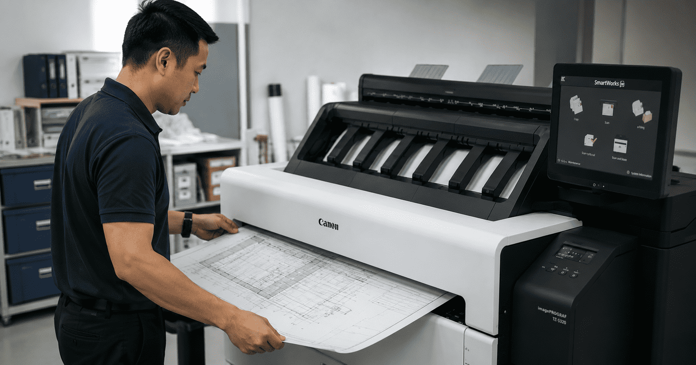 Professional large format scanning service with a technician scanning oversized architectural blueprints using a wide-format document scanner for high-resolution digital conversion.