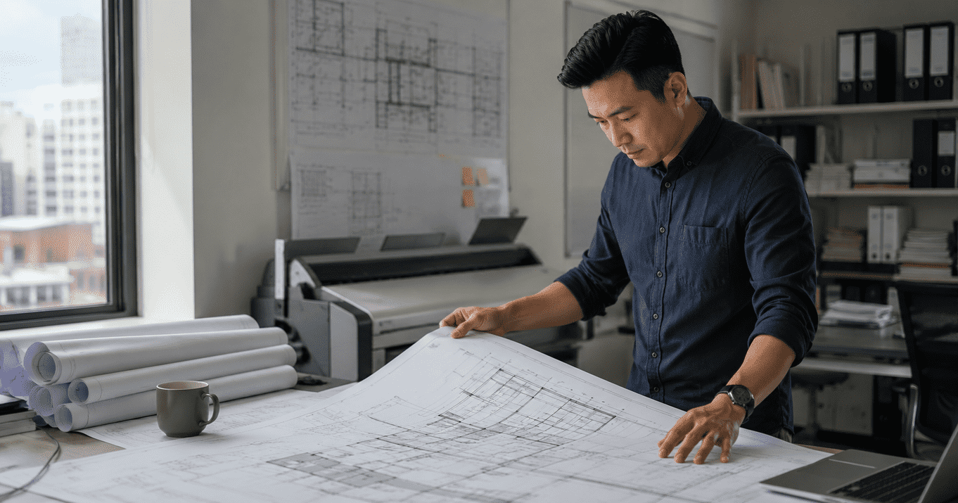 Large format scanning in Singapore for CAD and blueprints featuring an architect reviewing oversized technical drawings beside a wide-format scanner and rolled blueprint plans in a professional design office.