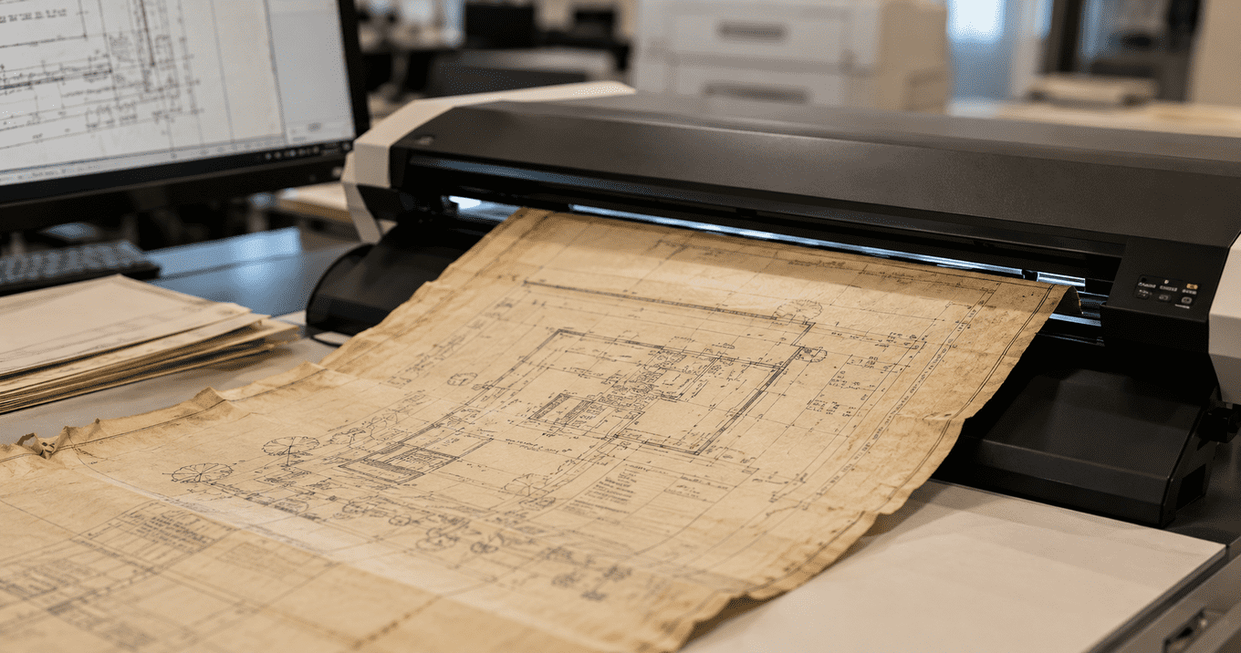 An old architectural blueprint being digitized through a large-format scanner, showing the process of converting oversized technical drawings into high-resolution digital files.